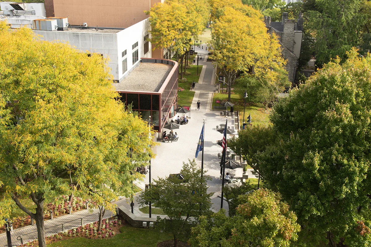 Aerial view of the central courtyard, flag poles and trees and landscaping