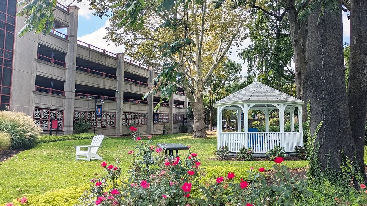 Landscaping, grass and gazebo in the back area of the central courtyard