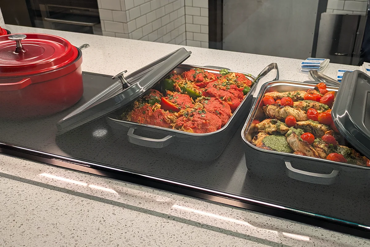 Hot foods and casseroles waiting to be served in the PCOM Dining Commons