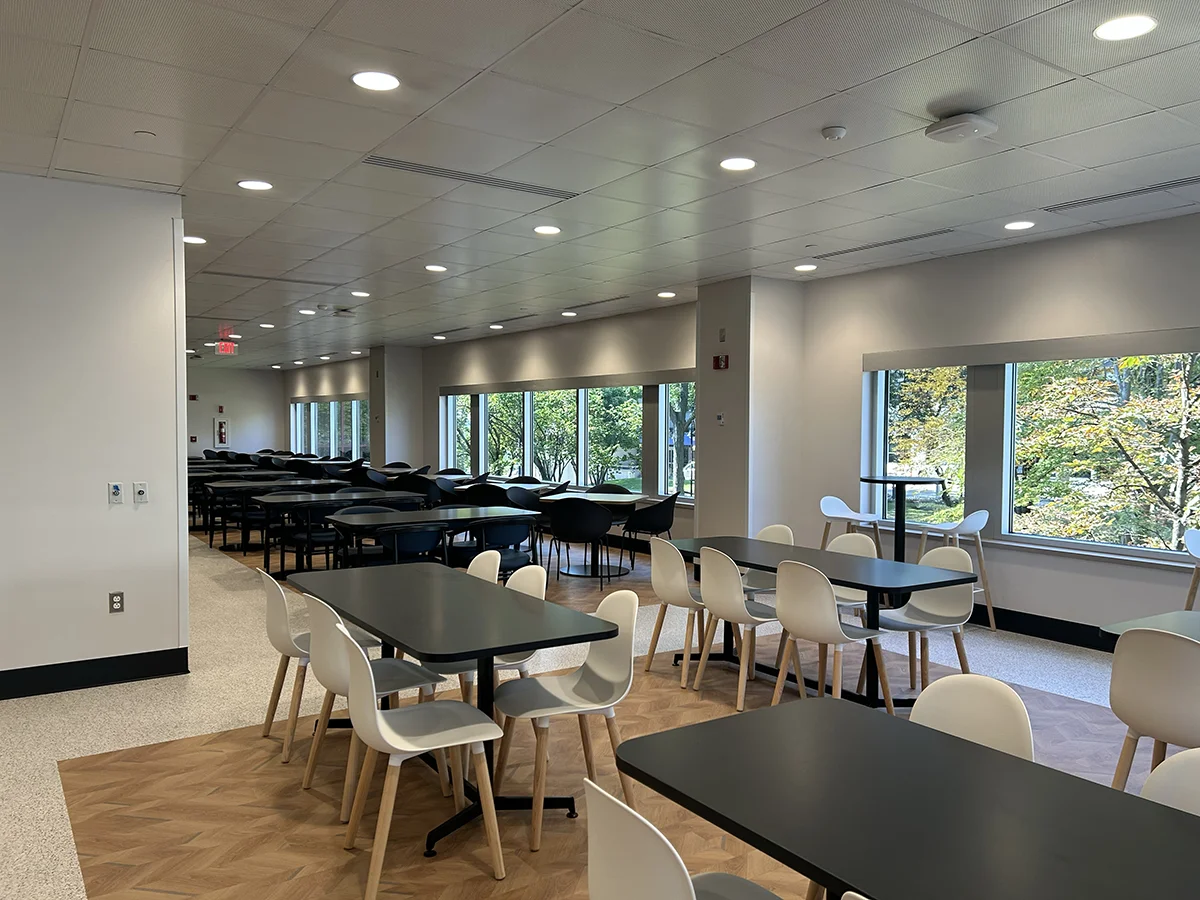 Rows of tables and chairs in the dining area