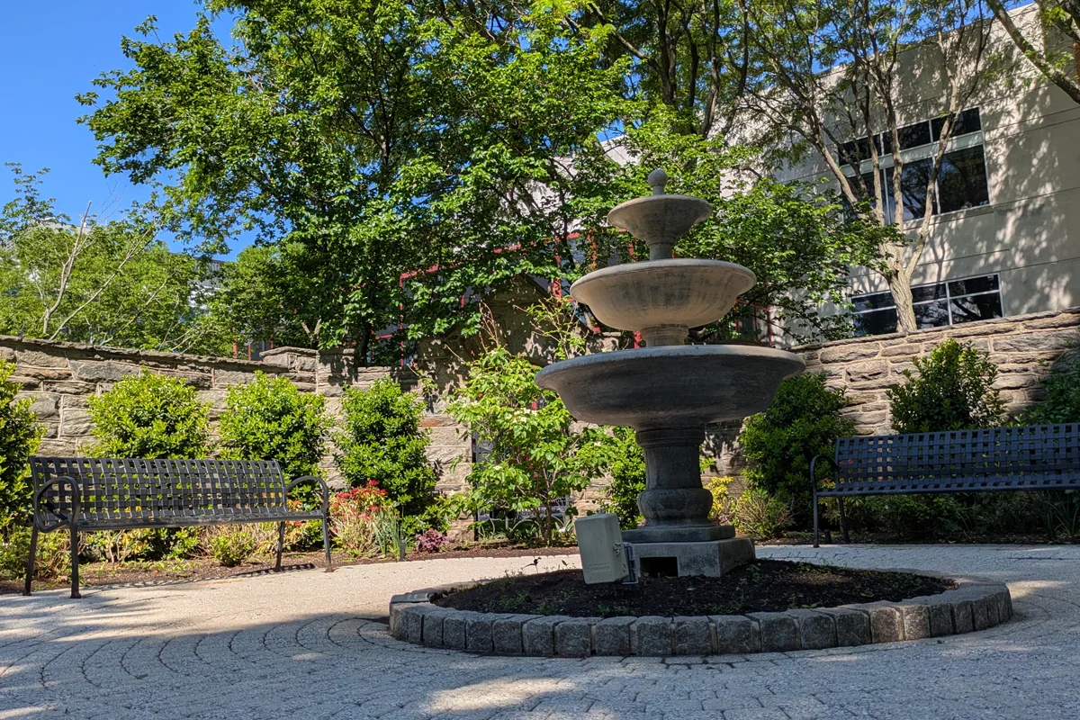 Low shot looking up toward the donor garden fountain