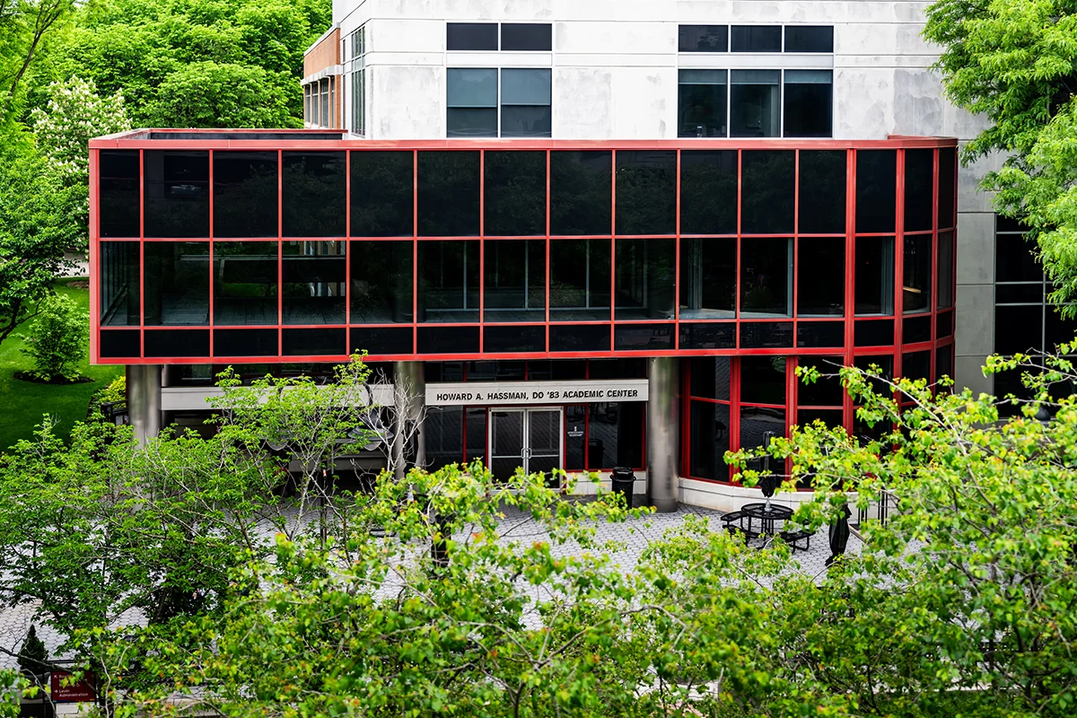 Front doors and windows of PCOM's Howard A. Hassman, DO '83, Academic Center on the Philadelphia Campus