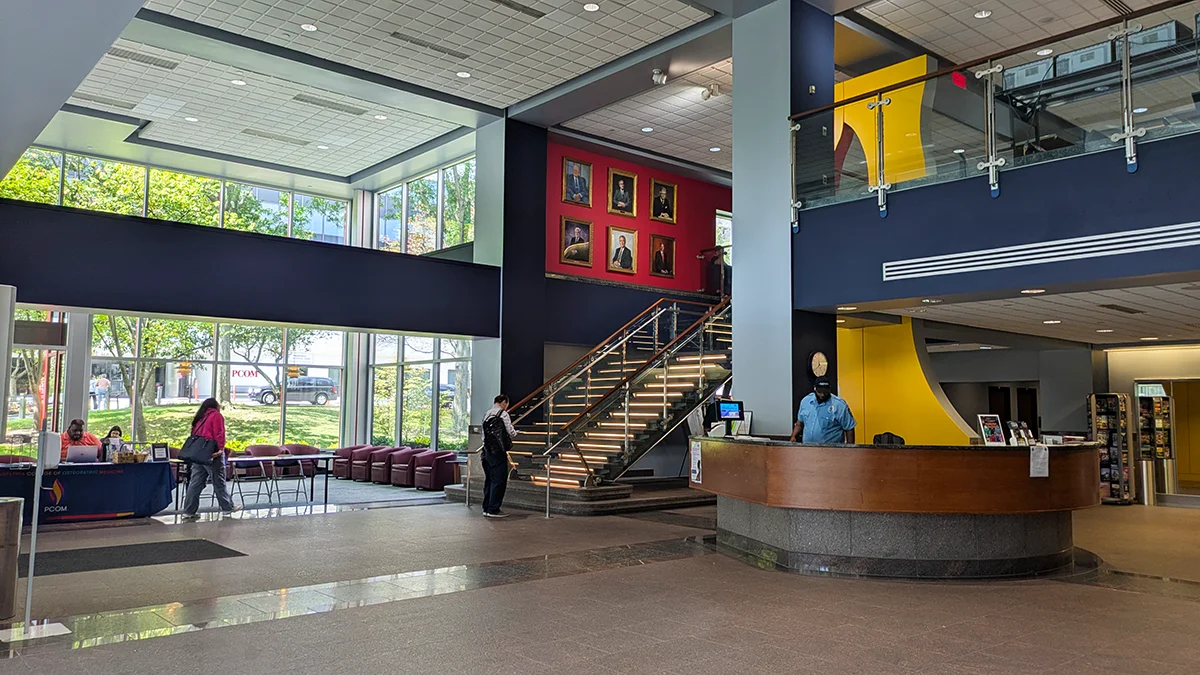 Wide view looking toward the windows of the Hassman building's lobby
