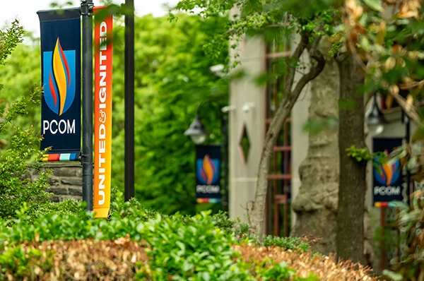 Wide view of foliage and banners on PCOM's Philadelphia campus