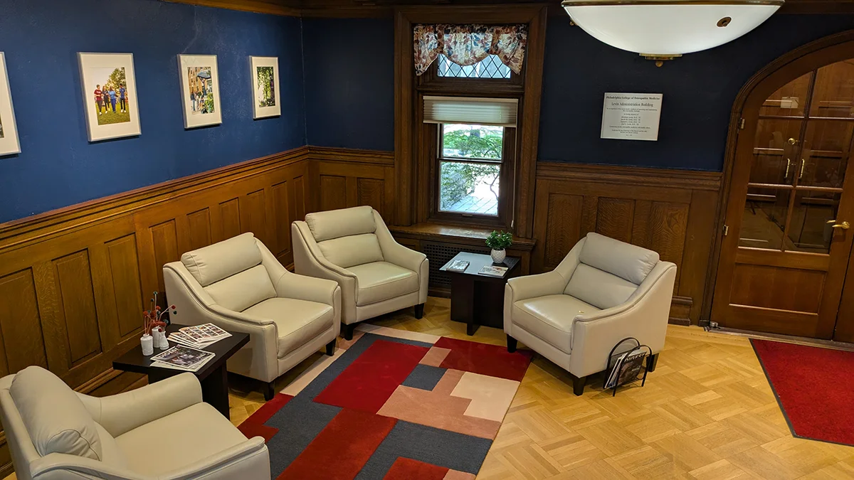 Elevated photo of the Levin lobby and its seating