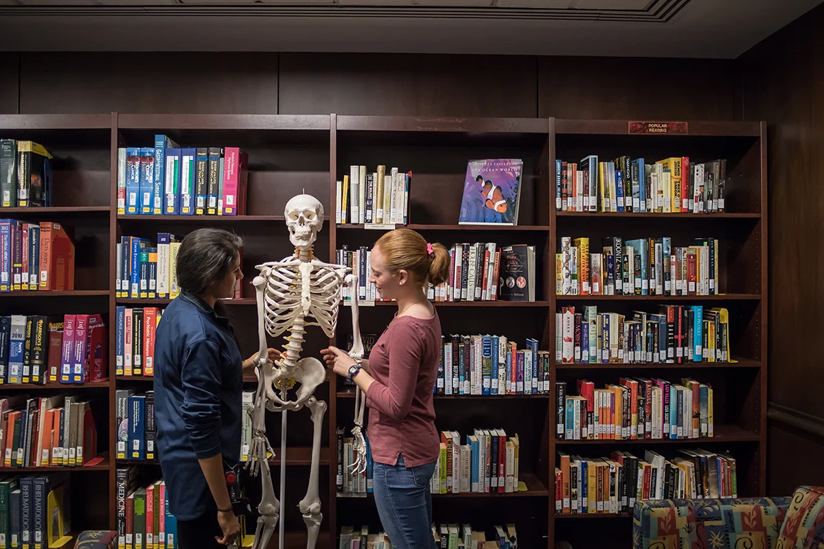 PCOM students smiling as they examine a human skeleton learning model in the PCOM Library