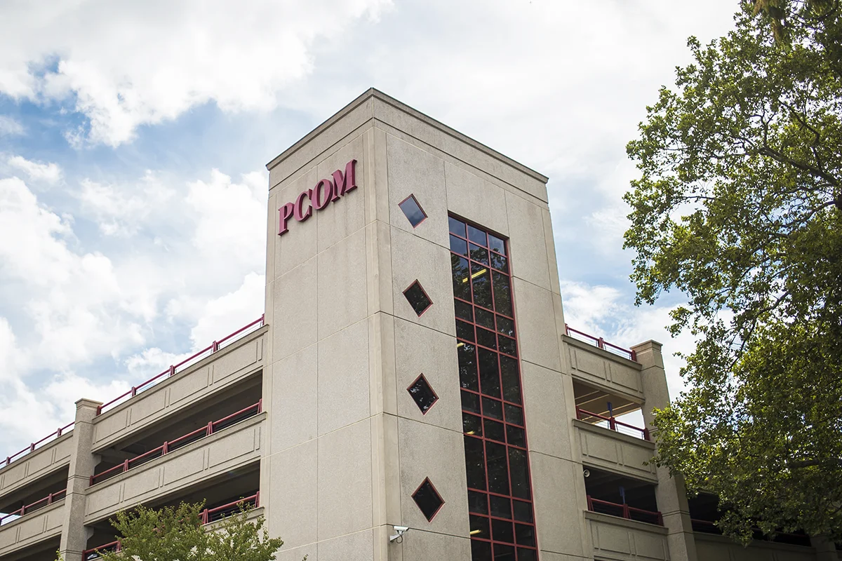 Looking up toward the peak of the PCOM parking garage building