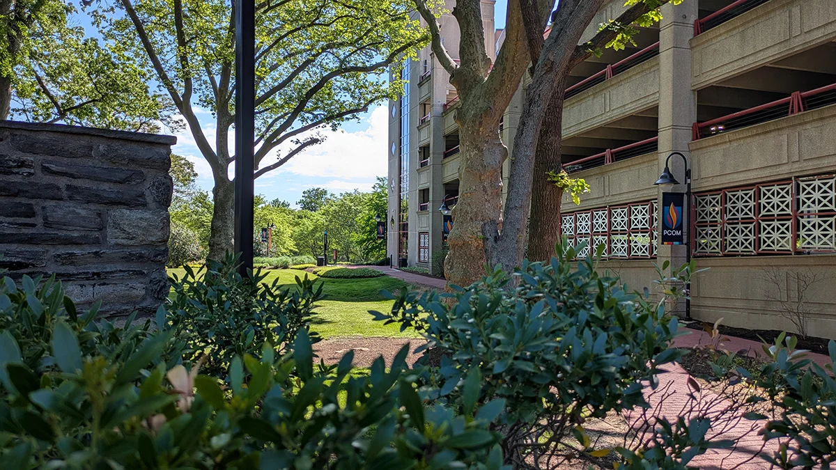 Side view of the parking garage building from the courtyard area