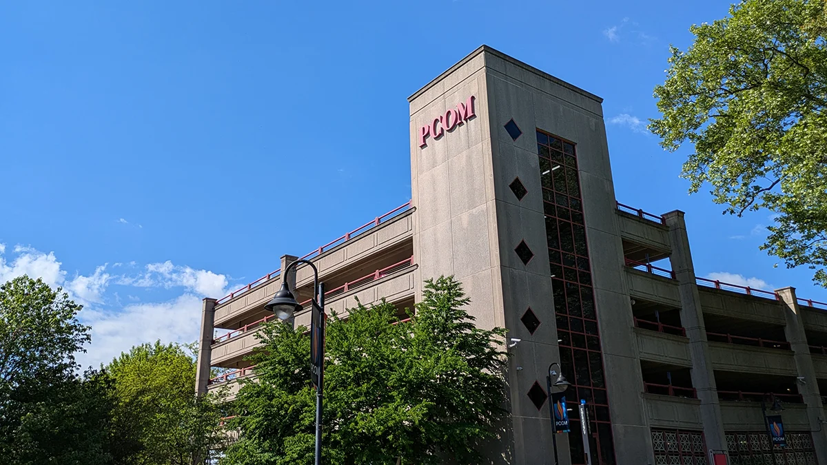 View of the top levels of the PCOM Parking Garage on the Philadelphia campus