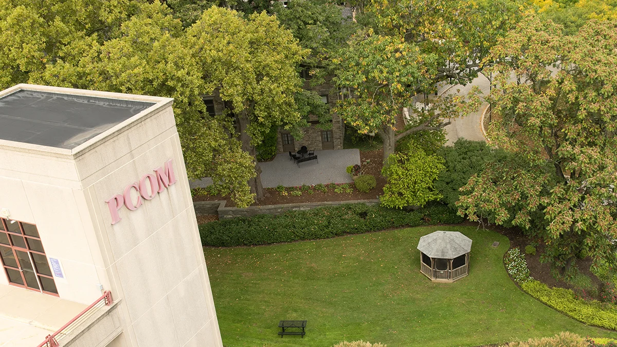 Looking down at the grassy courtyard from the PCOM Parking Garage