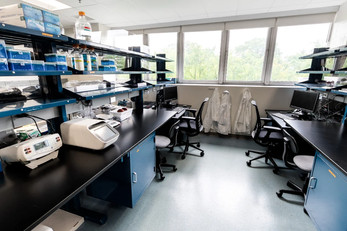 Rows of workstations and equipment in the Biomedical Sciences research lab at PCOM