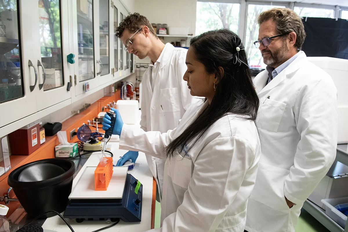Students and faculty working with equipment in a PCOM research lab