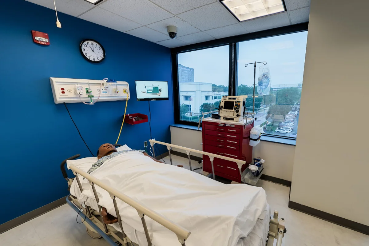 Hospital room, bed, and robotic patient mannequin in the CLAC