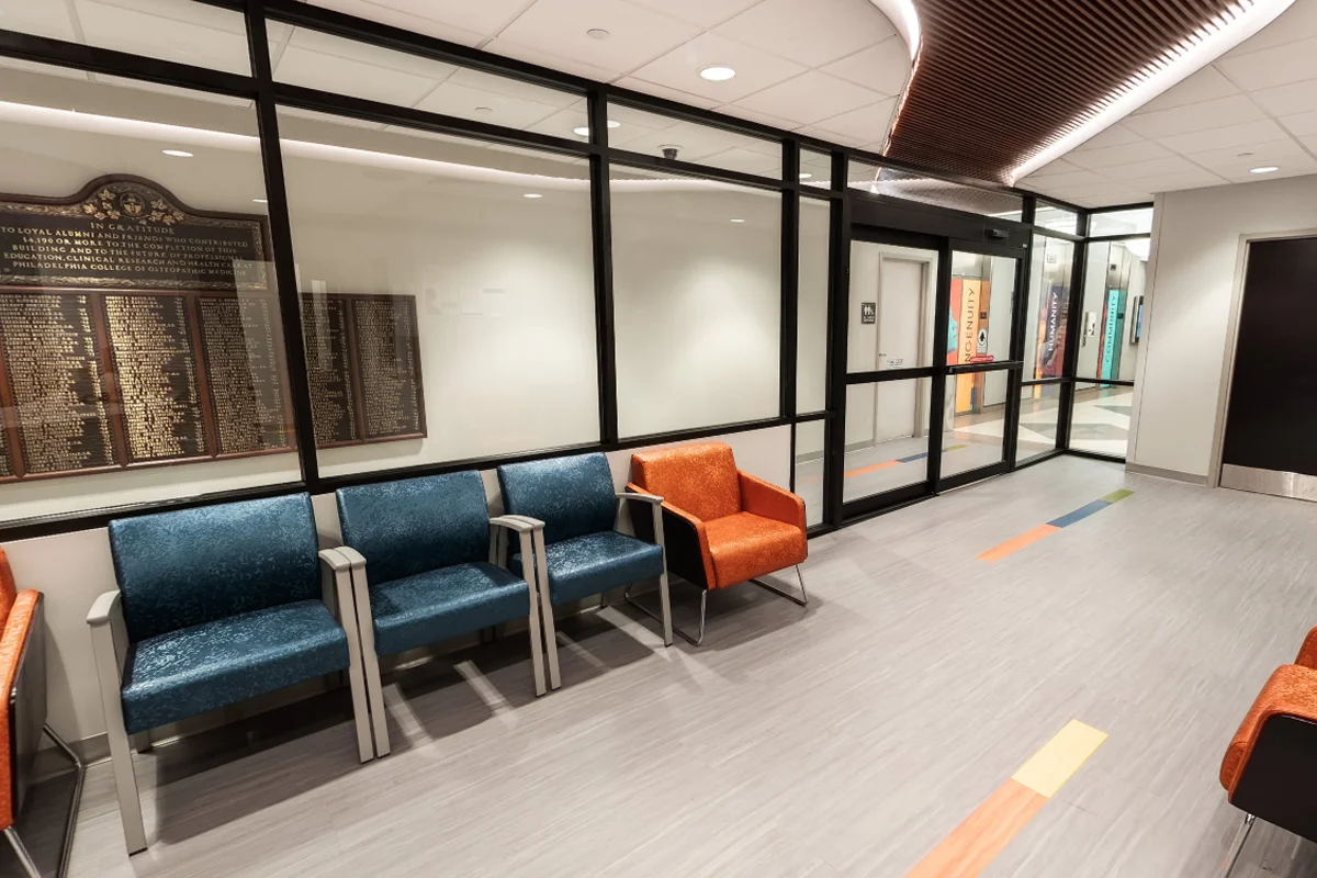 Chairs in the waiting room area of the Joseph M. Hassman, DO '65 Family Medicine Center at PCOM