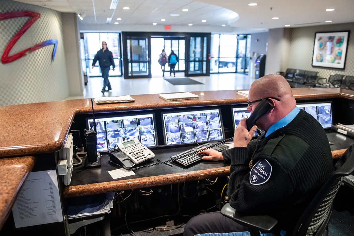 Security desk of the front lobby of Rowland Hall