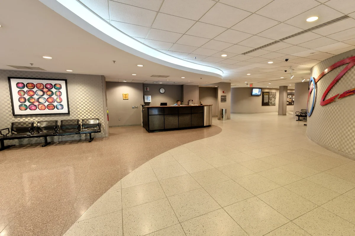 Wide view of the front lobby of Rowland Hall