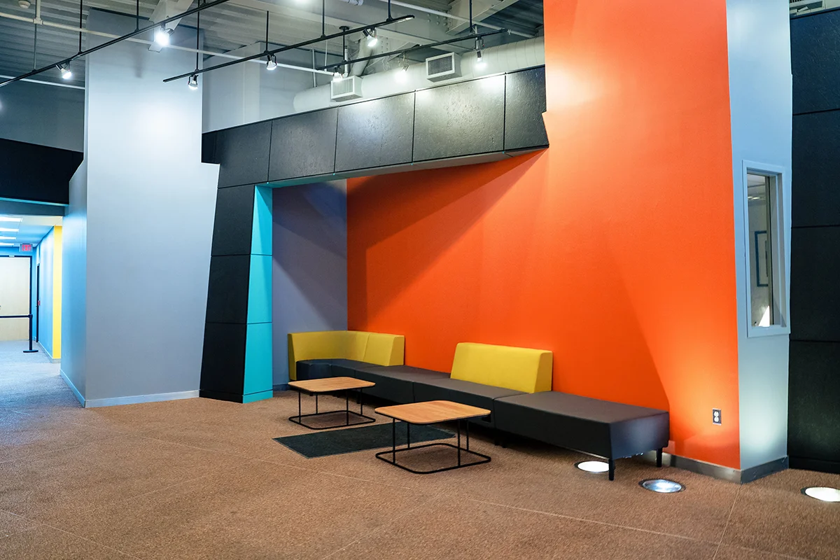 Wide view of the front lobby and seating area of the PCOM Student Sucess Center