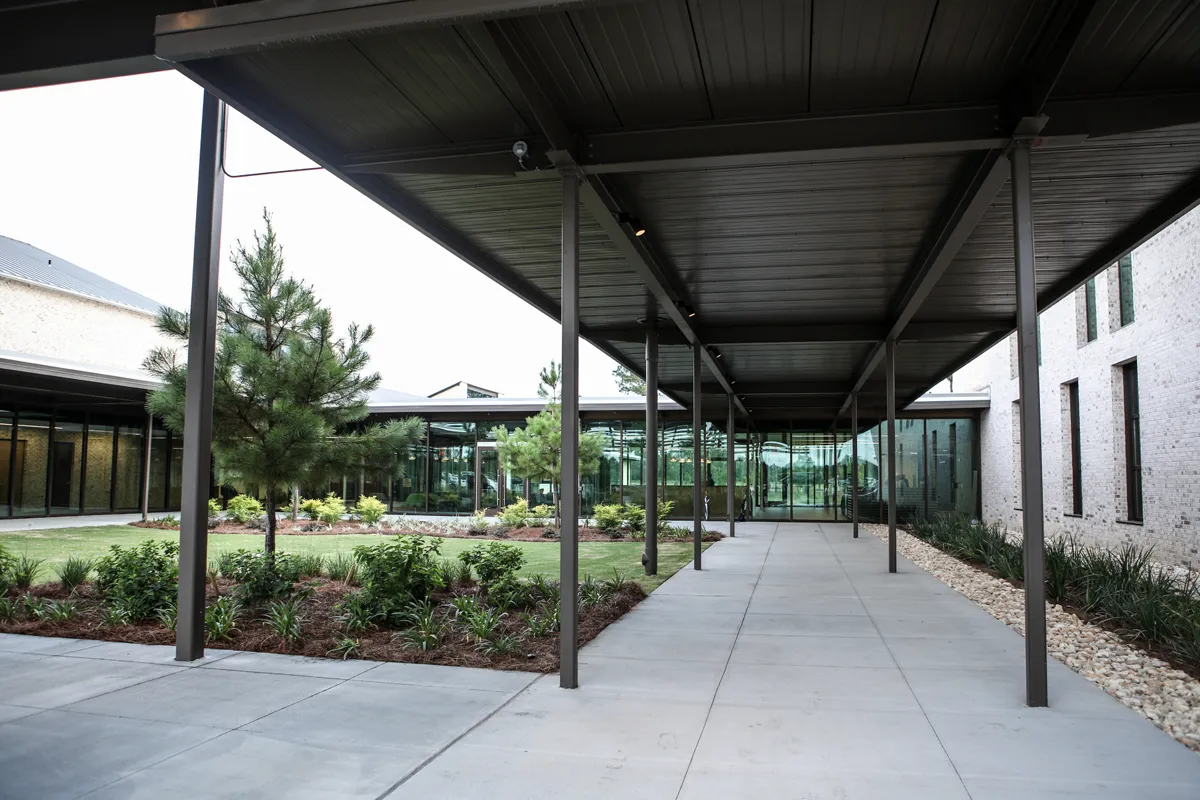 View of an overhead walkway architecture in the Jeter Courtyard