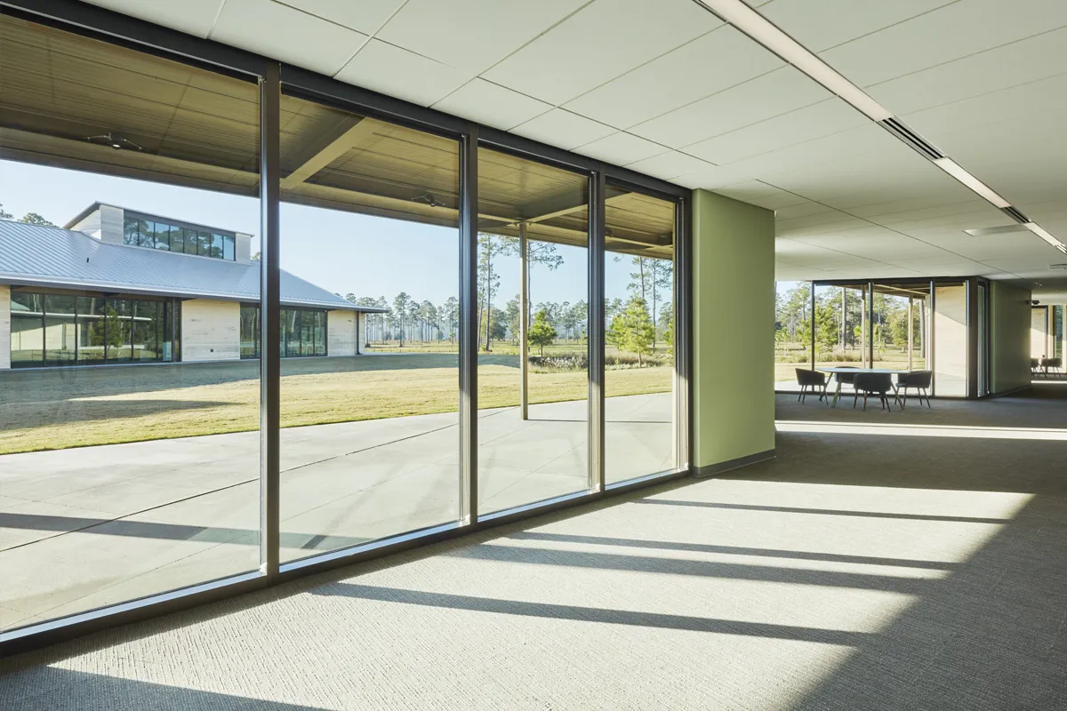 View of the grounds from a hallway window area