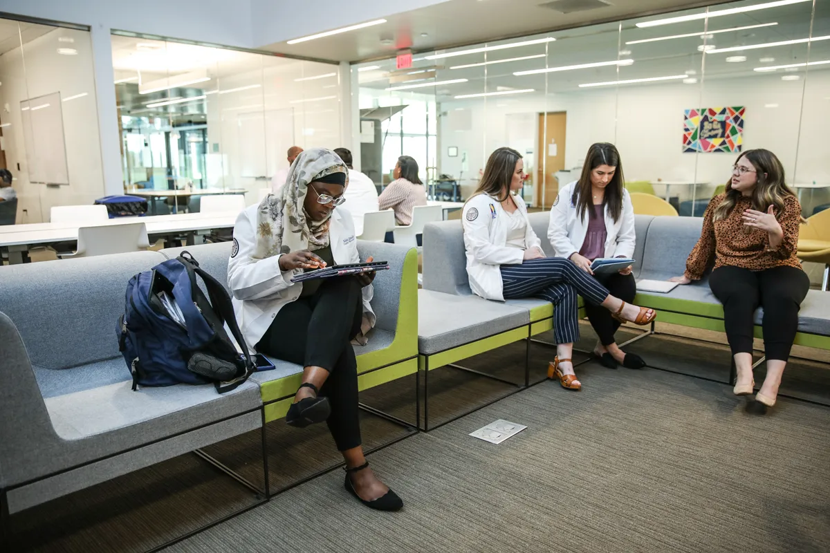 Students studying while sitting on couches within the Information Commons
