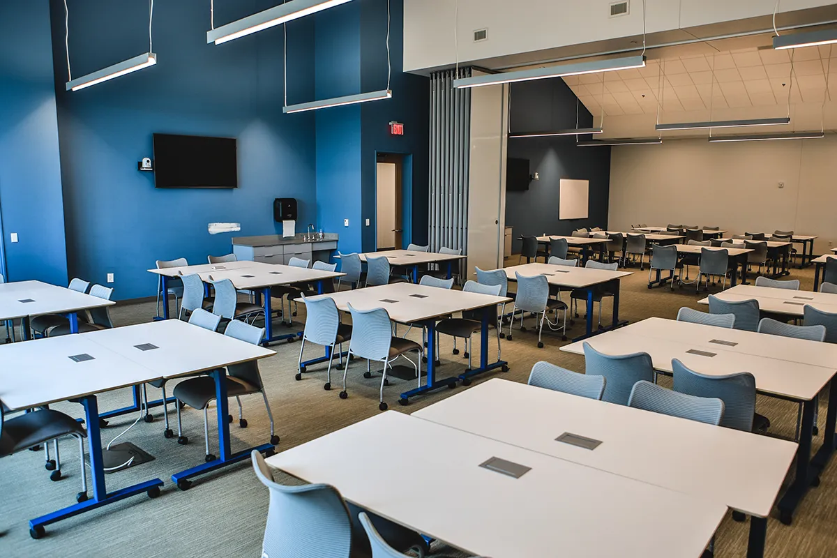 Classroom at PCOM South Georgia with a blue wall