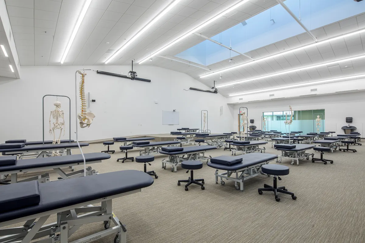 Wide view of the room, exam tables and models of PCOM South Georgia's OMM Lab