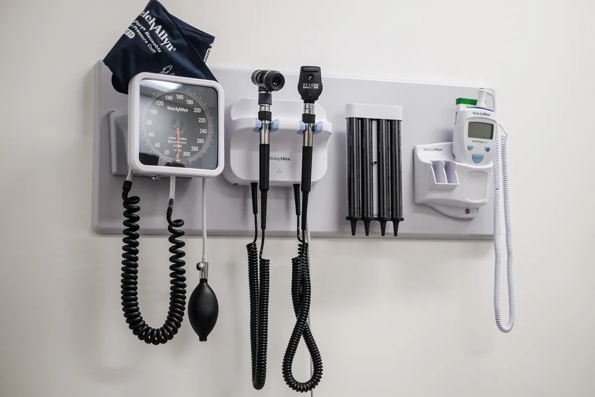 Patient exam equipment on a wall in the PCOM South Georgia Simulation Center