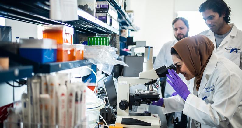 A small group of biomedical sciences students smile and look into a microscope in the biomedical research lab