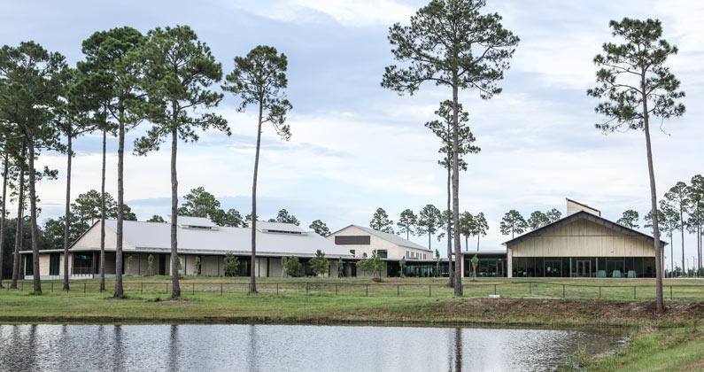 Campus photo of PCOM South Georgia's rear buildings, courtyard, lawn, trees and pond.