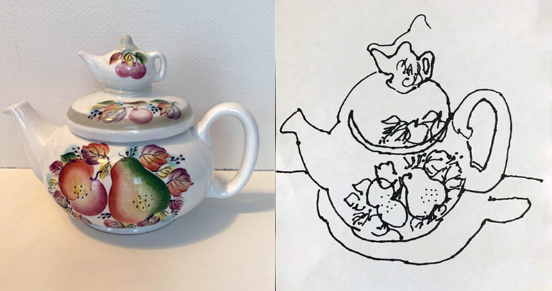 Side by side images of a photo of a teapot decorated in pears and apples as well as a student's black and white drawing of the teapot.