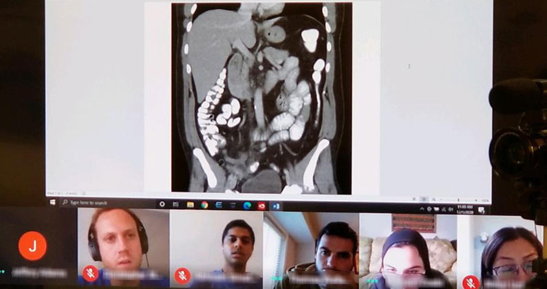 Screenshot of a virtual meeting with osteopathic medicine students discussing an MRI scan.