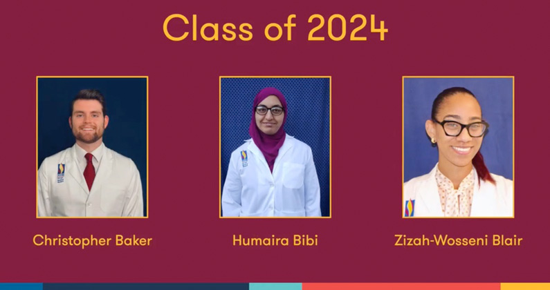Three portrait photos of PCOM South Georgia's DO Class of 2024: Christopher Baker, Humaira Bibi and Zizah-Wosseni Blair wear their white coats.