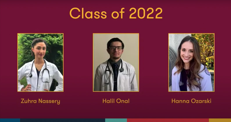 Headshot photographs of PCOM physician assistant students Zuhra Nassery, Nalil Onal and Hanna Ozarski wearing their white coats.