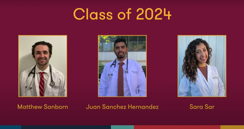 Headshot photographs of PCOM osteopathic medicine students Matthew Sanborn, Juan Sanchez Hernandez, and Sara Sar wearing their white coats.