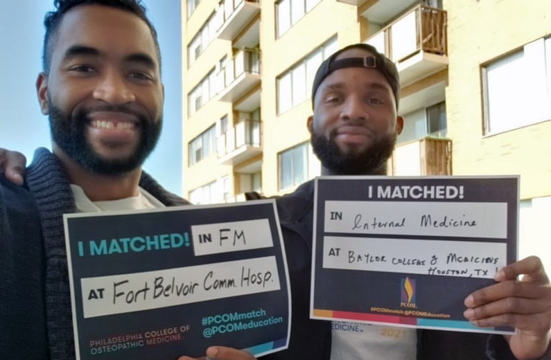 A pair of PCOM medical students celebrate their residency matches for Match Day 2021.