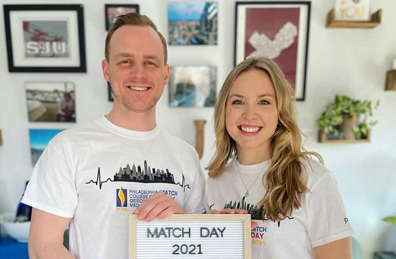 A pair of PCOM DO students celebrate their residency match for Match Day 2021.